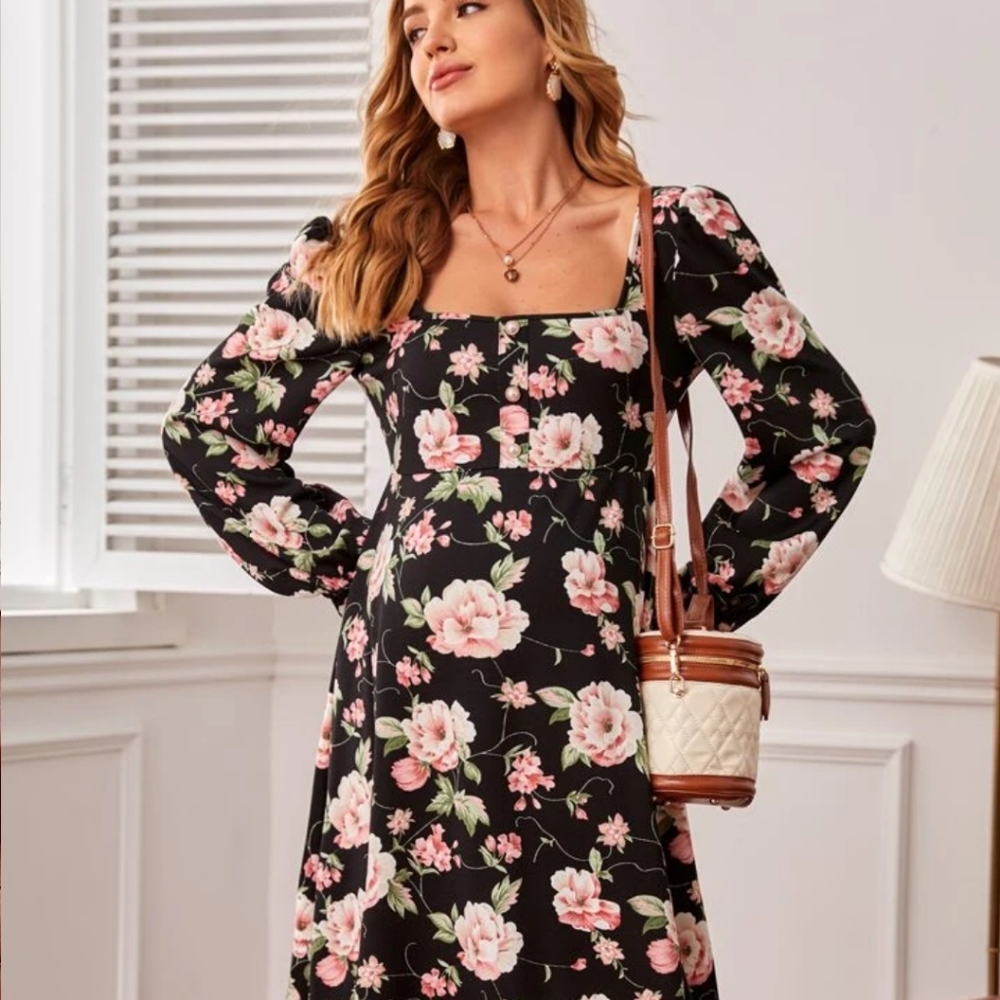 Shein Maternity Dress Black with Flowers